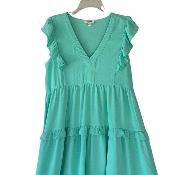 Umgee Emerald Green Ruffle Tiered Midi Flutter Sleeves V Neck Dress Women Small - Picture 3 of 10